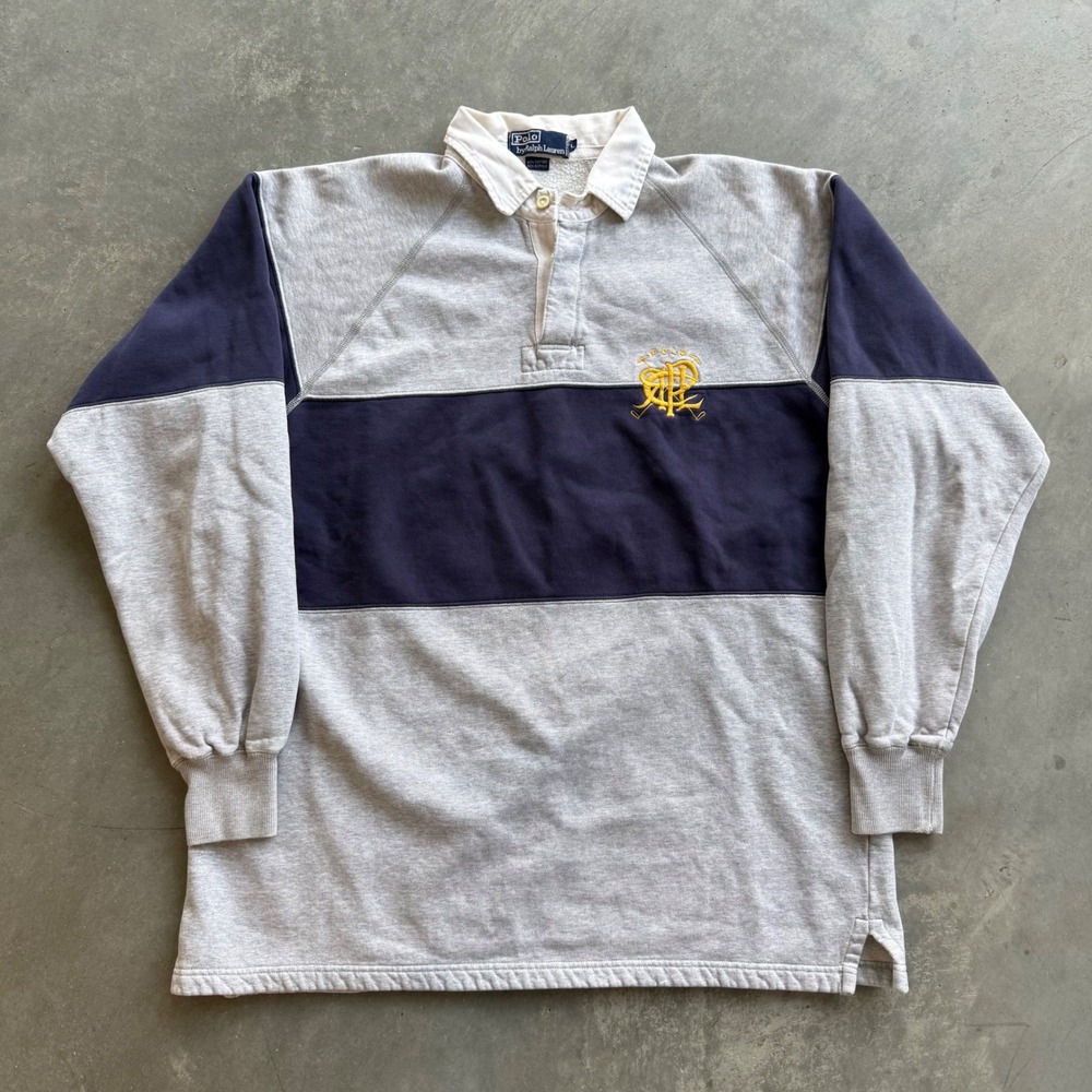 Polo Ralph Lauren Vintage Rugby Shirt Grey Navy Blue Crest Mens L Long Sleeve